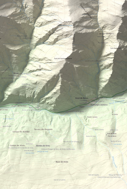 Mapa de relieve de Pui de Cassibrós, 2085 m, Pallars Sobirà, lámina 100 Cims de Trobart. Detalle de la zona inferior derecha. 61 × 91 cm.
