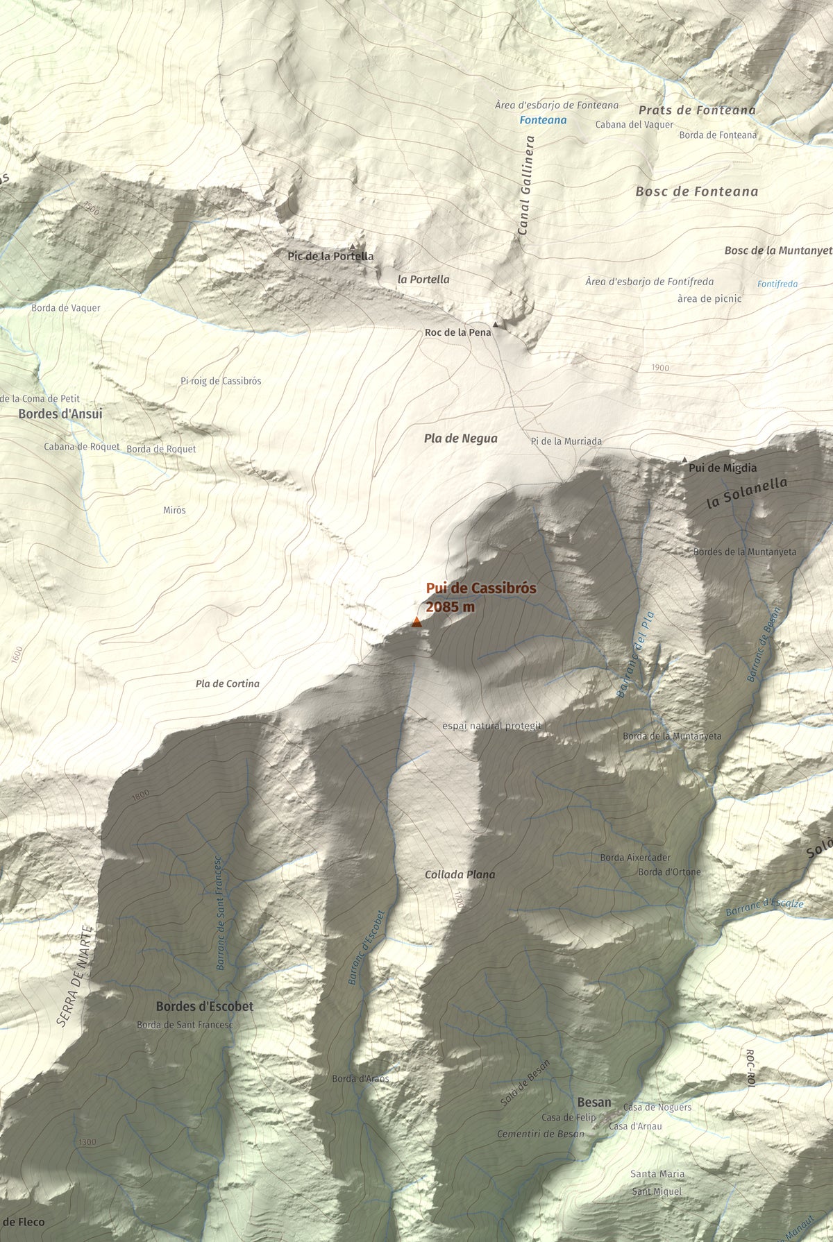 Mapa de relieve de Pui de Cassibrós, 2085 m, Pallars Sobirà, lámina 100 Cims de Trobart. Detalle de la zona central. 61 × 91 cm.