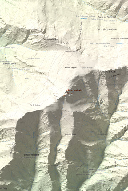Mapa de relieve de Pui de Cassibrós, 2085 m, Pallars Sobirà, lámina 100 Cims de Trobart. Detalle de la zona central. 61 × 91 cm.