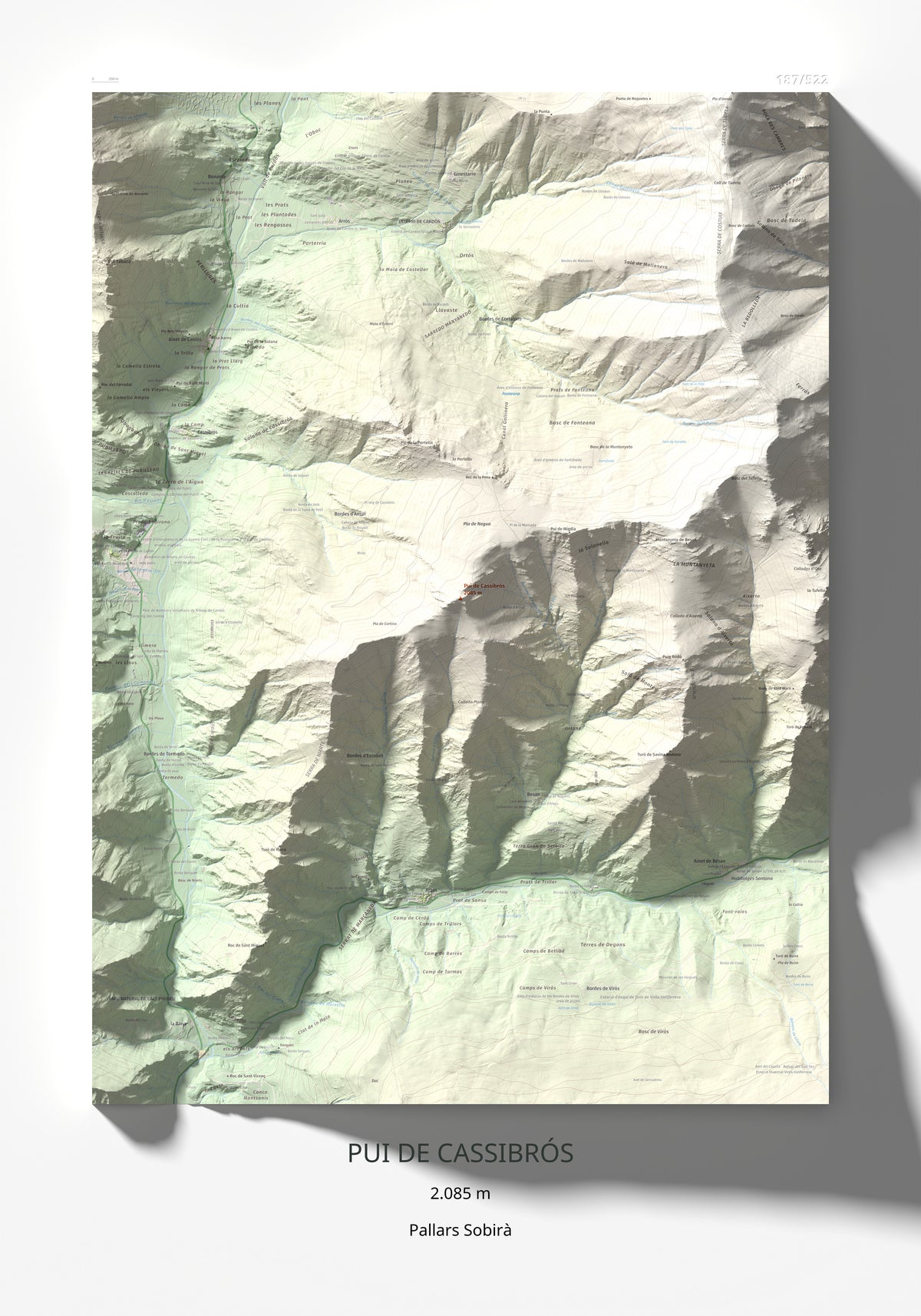 Mapa de relieve de Pui de Cassibrós, 2085 m, Pallars Sobirà, lámina 100 Cims de Trobart 70 × 100 cm.