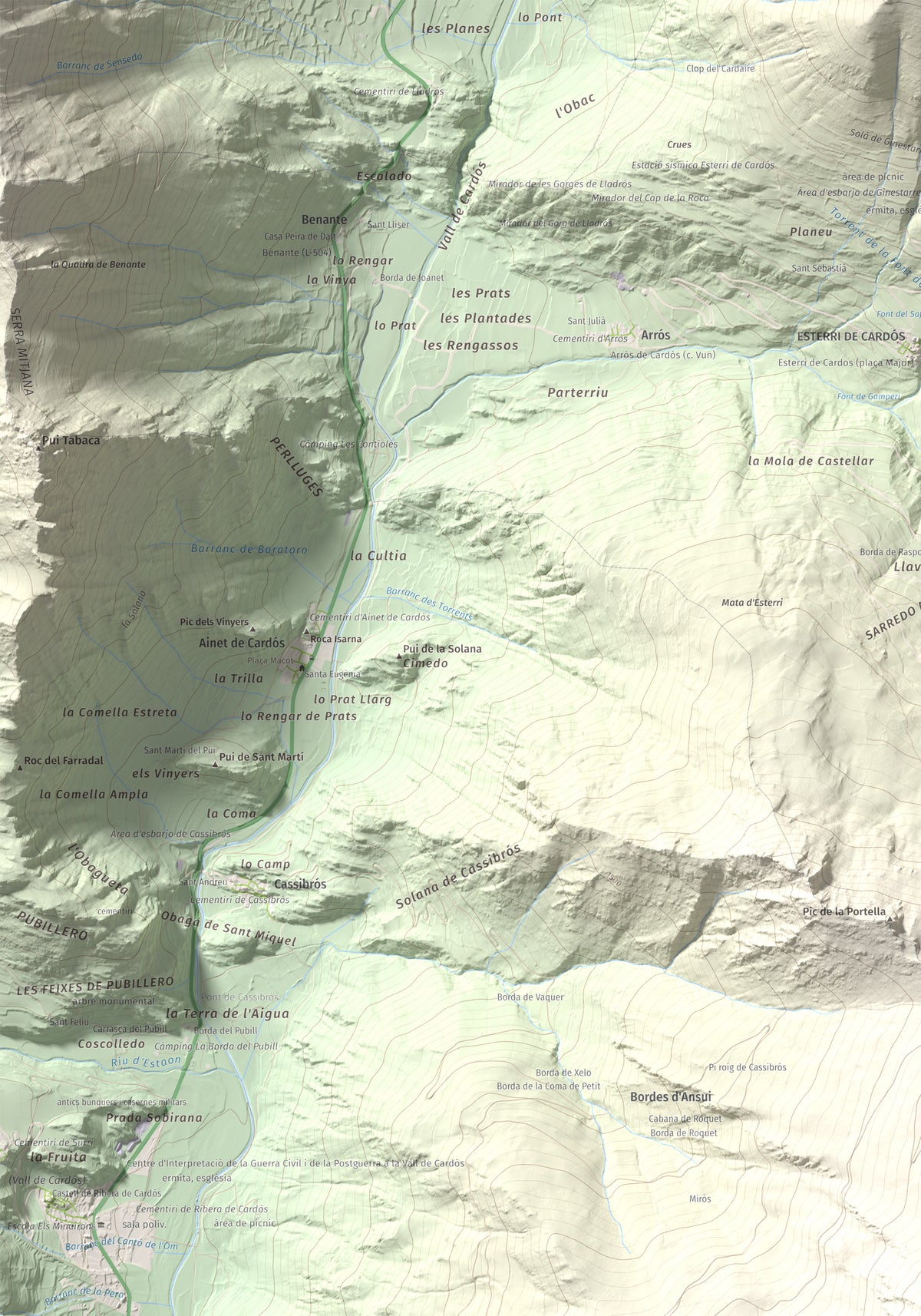 Mapa de relieve de Pui de Cassibrós, 2085 m, Pallars Sobirà, lámina 100 Cims de Trobart. Detalle de la zona superior izquierda. 70 × 100 cm.