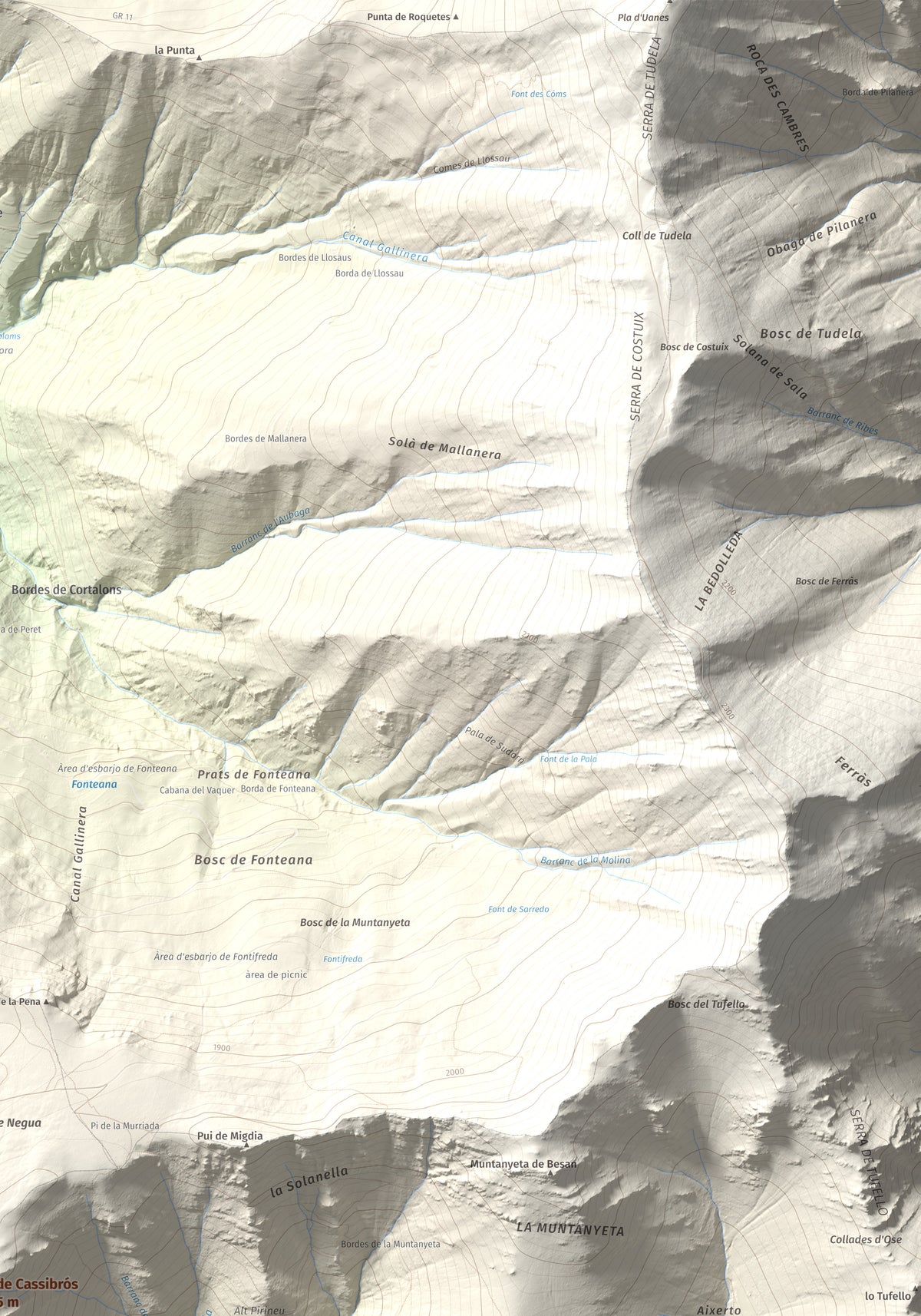 Mapa de relieve de Pui de Cassibrós, 2085 m, Pallars Sobirà, lámina 100 Cims de Trobart. Detalle de la zona superior derecha. 70 × 100 cm.