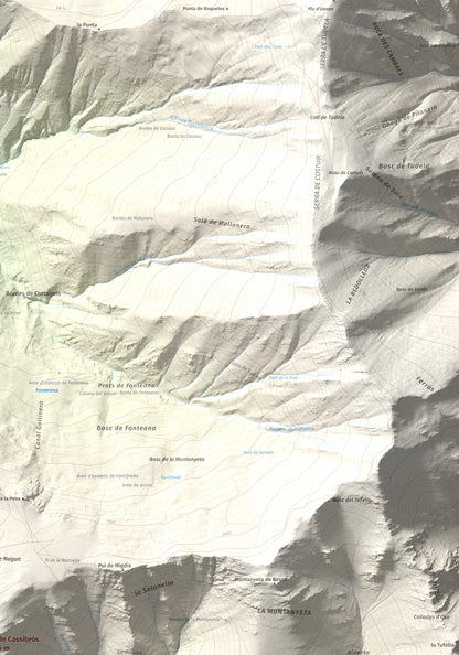 Mapa de relieve de Pui de Cassibrós, 2085 m, Pallars Sobirà, lámina 100 Cims de Trobart. Detalle de la zona superior derecha. 70 × 100 cm.