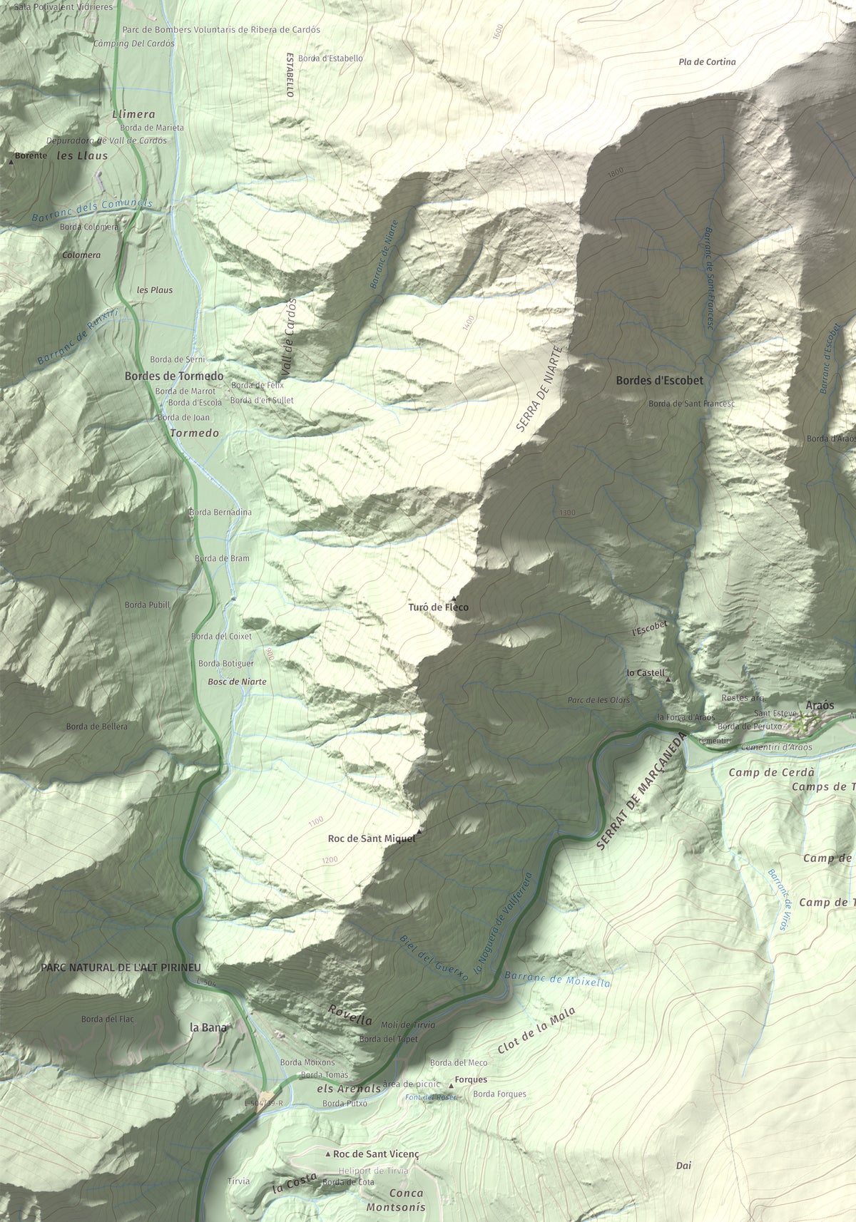 Mapa de relieve de Pui de Cassibrós, 2085 m, Pallars Sobirà, lámina 100 Cims de Trobart. Detalle de la zona inferior izquierda. 70 × 100 cm.