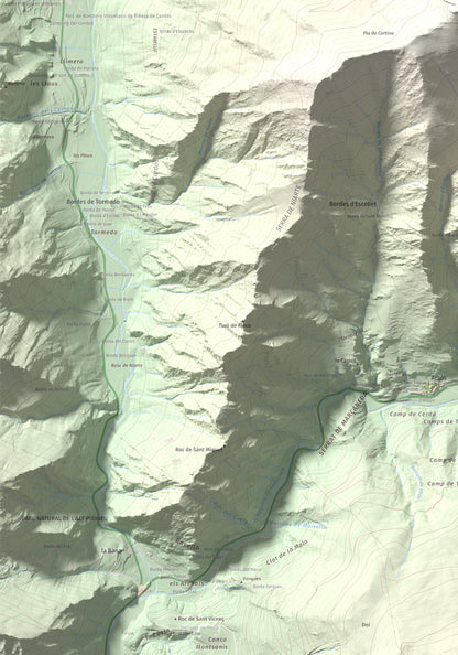 Mapa de relieve de Pui de Cassibrós, 2085 m, Pallars Sobirà, lámina 100 Cims de Trobart. Detalle de la zona inferior izquierda. 70 × 100 cm.