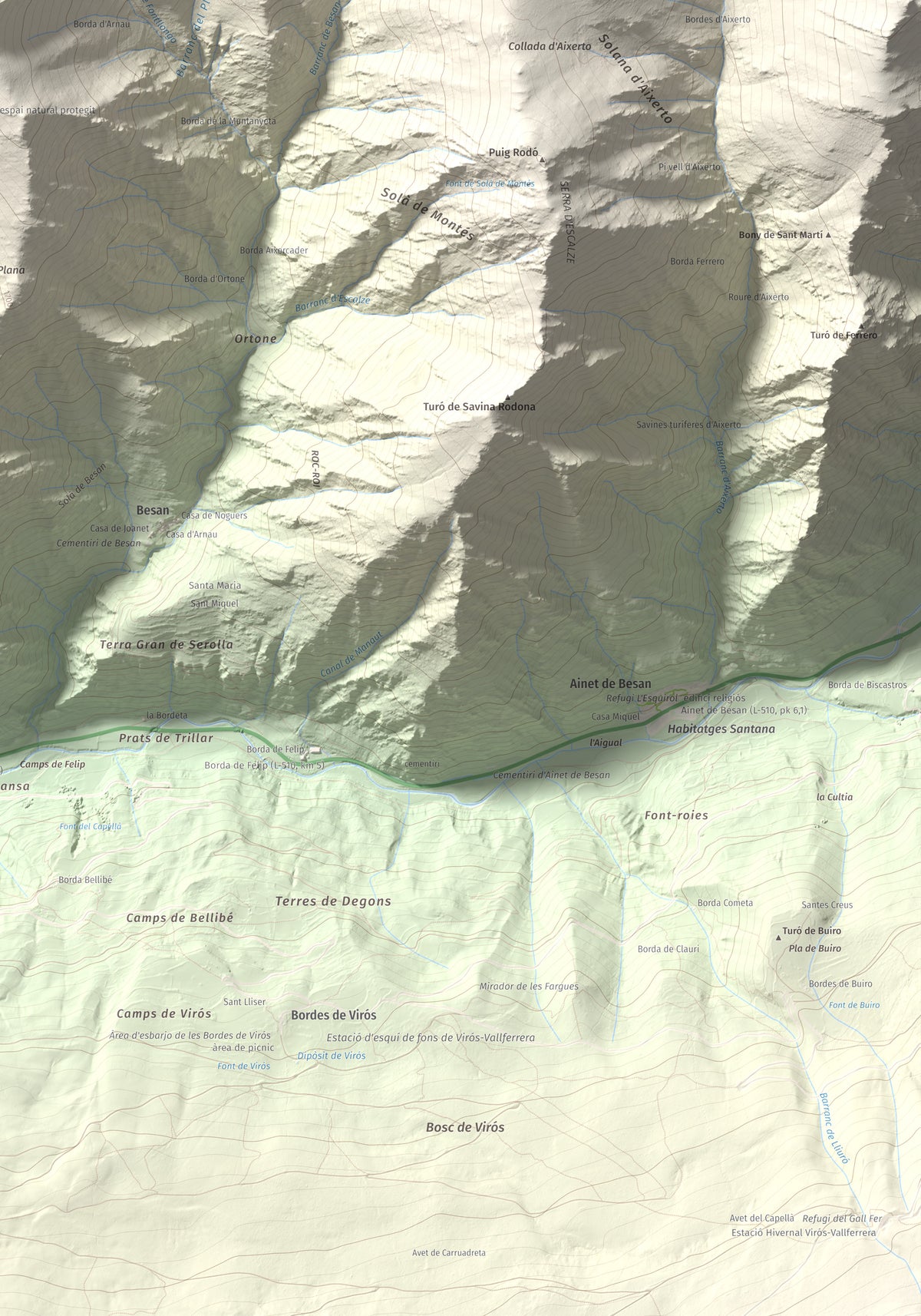 Mapa de relieve de Pui de Cassibrós, 2085 m, Pallars Sobirà, lámina 100 Cims de Trobart. Detalle de la zona inferior derecha. 70 × 100 cm.