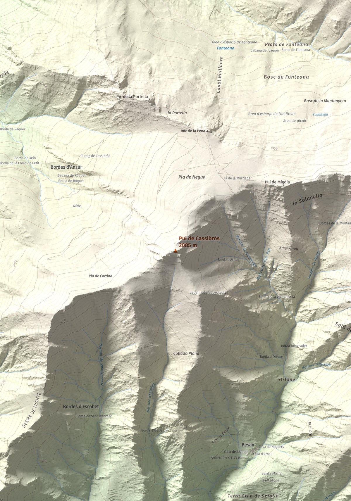 Mapa de relieve de Pui de Cassibrós, 2085 m, Pallars Sobirà, lámina 100 Cims de Trobart. Detalle de la zona central. 70 × 100 cm.