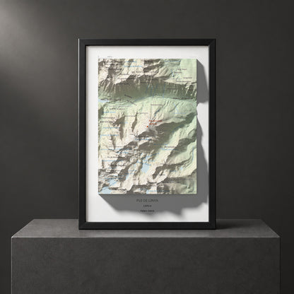 Mapa de relieve de Pui de Linya, 2870 m, Pallars Sobirà, lámina 100 Cims de Trobart. Presentación enmarcada. 21 × 30 cm.