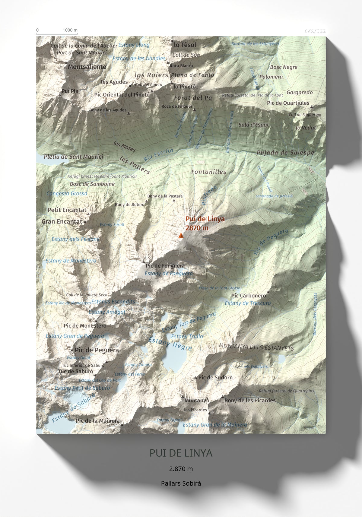 Mapa de relieve de Pui de Linya, 2870 m, Pallars Sobirà, lámina 100 Cims de Trobart 21 × 30 cm.