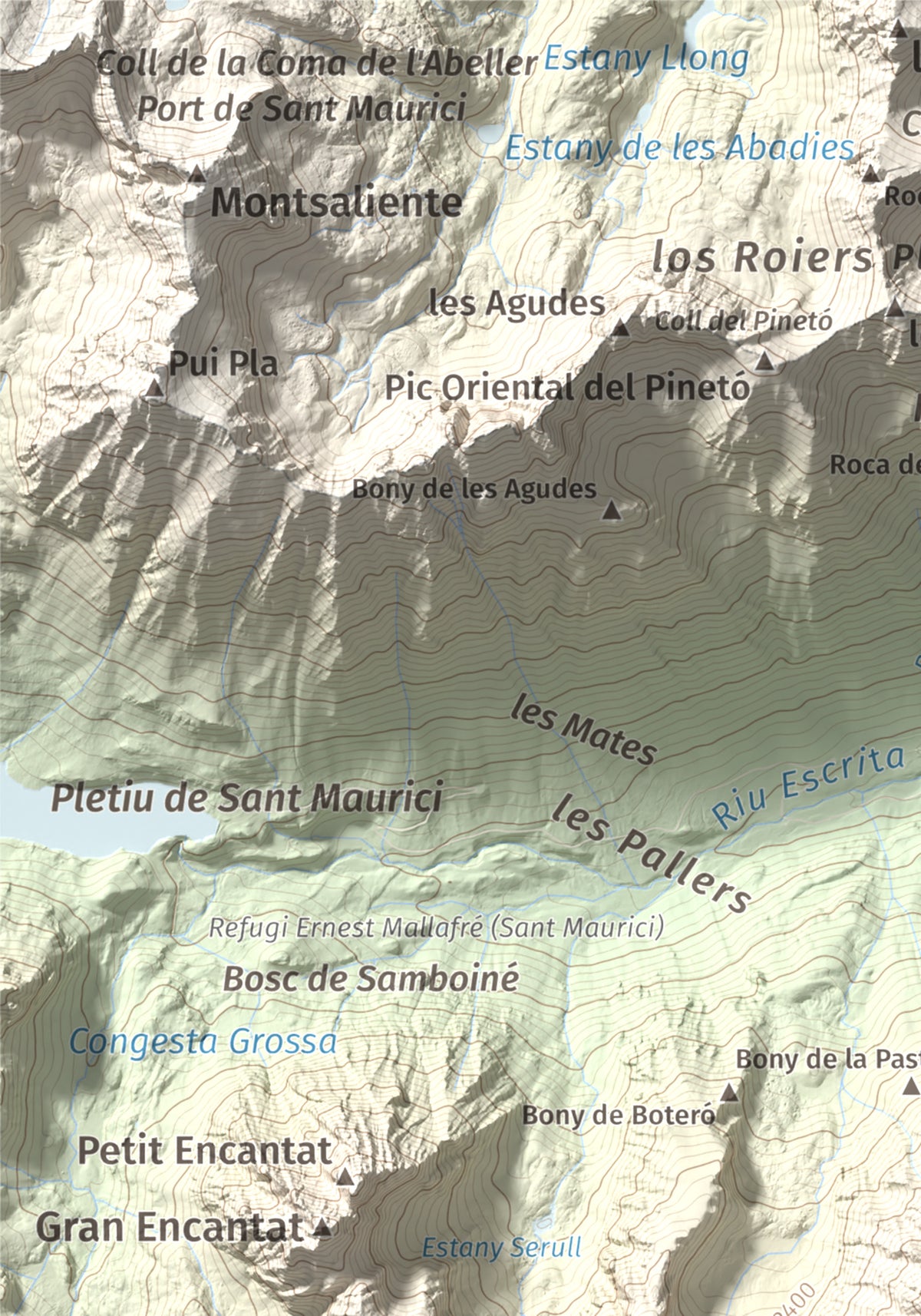 Mapa de relieve de Pui de Linya, 2870 m, Pallars Sobirà, lámina 100 Cims de Trobart. Detalle de la zona superior izquierda. 21 × 30 cm.