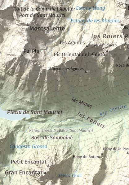 Mapa de relieve de Pui de Linya, 2870 m, Pallars Sobirà, lámina 100 Cims de Trobart. Detalle de la zona superior izquierda. 21 × 30 cm.