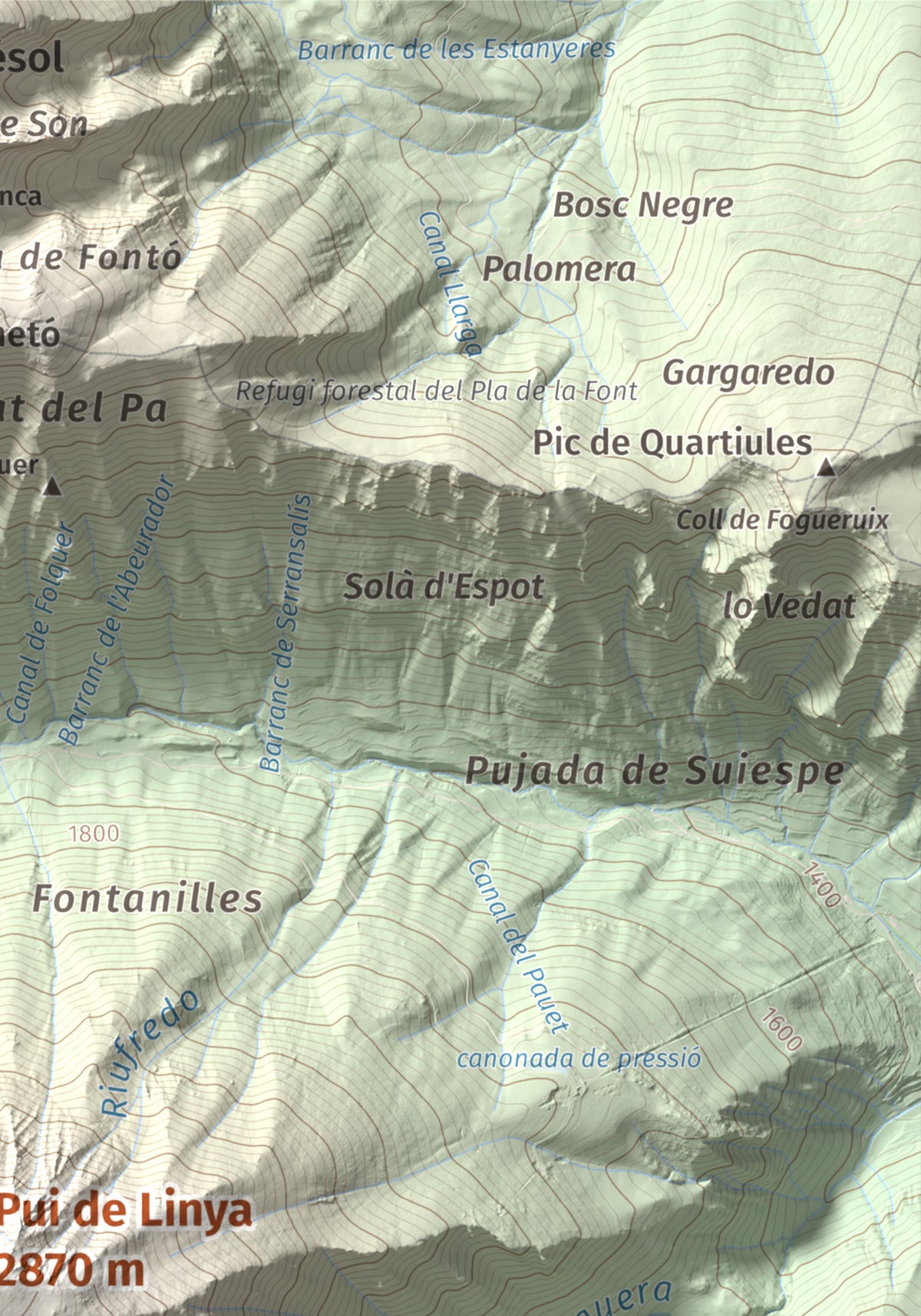 Mapa de relieve de Pui de Linya, 2870 m, Pallars Sobirà, lámina 100 Cims de Trobart. Detalle de la zona superior derecha. 21 × 30 cm.