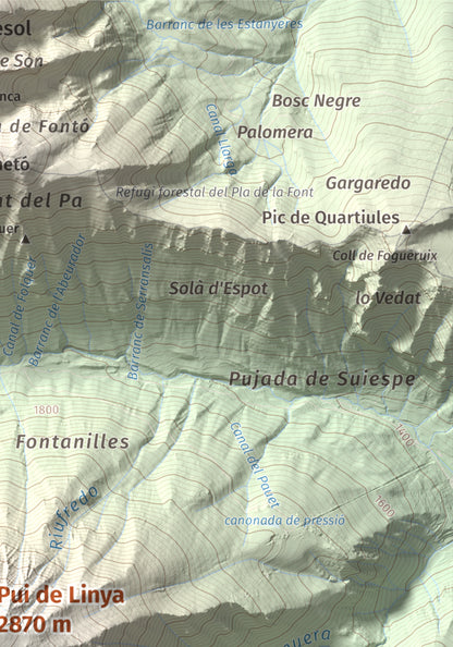 Mapa de relieve de Pui de Linya, 2870 m, Pallars Sobirà, lámina 100 Cims de Trobart. Detalle de la zona superior derecha. 21 × 30 cm.