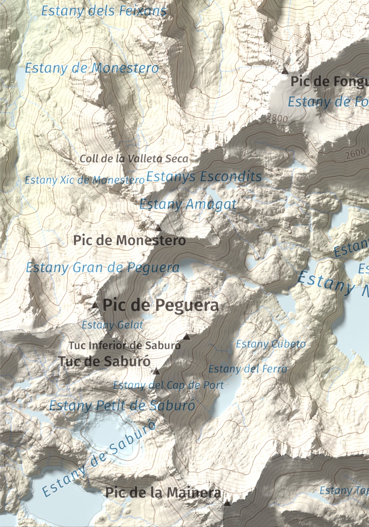 Mapa de relieve de Pui de Linya, 2870 m, Pallars Sobirà, lámina 100 Cims de Trobart. Detalle de la zona inferior izquierda. 21 × 30 cm.