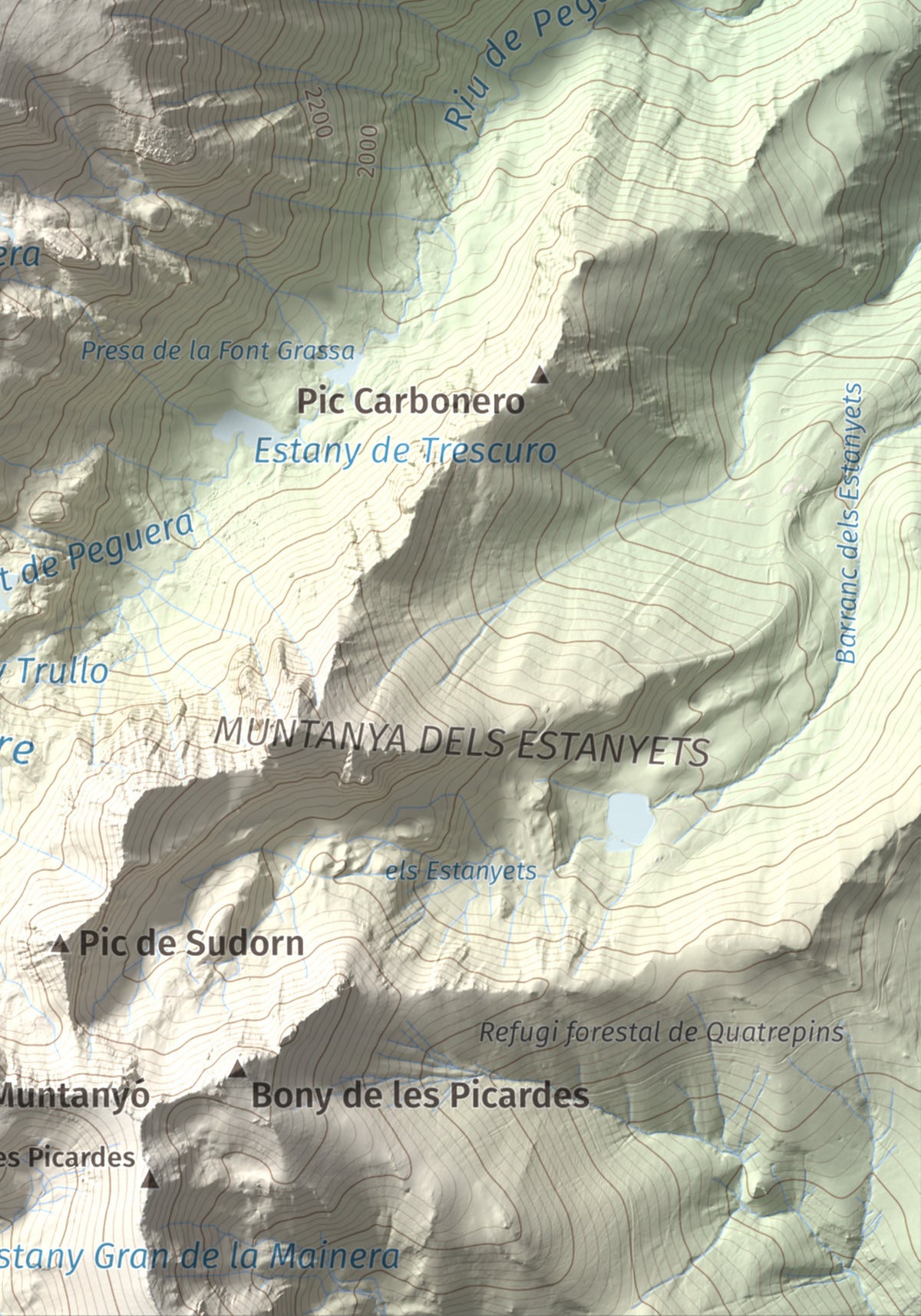 Mapa de relieve de Pui de Linya, 2870 m, Pallars Sobirà, lámina 100 Cims de Trobart. Detalle de la zona inferior derecha. 21 × 30 cm.