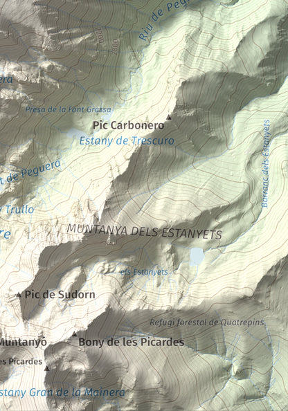 Mapa de relieve de Pui de Linya, 2870 m, Pallars Sobirà, lámina 100 Cims de Trobart. Detalle de la zona inferior derecha. 21 × 30 cm.