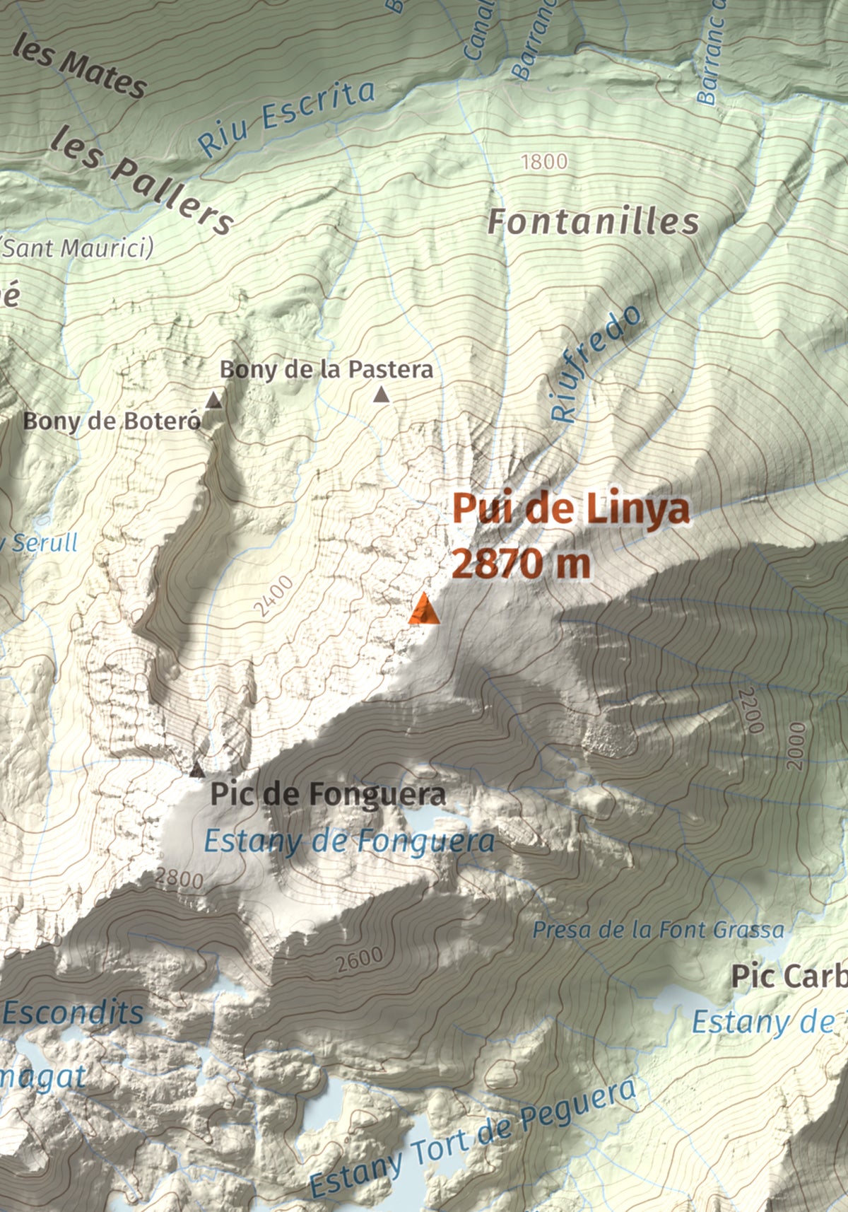 Mapa de relieve de Pui de Linya, 2870 m, Pallars Sobirà, lámina 100 Cims de Trobart. Detalle de la zona central. 21 × 30 cm.