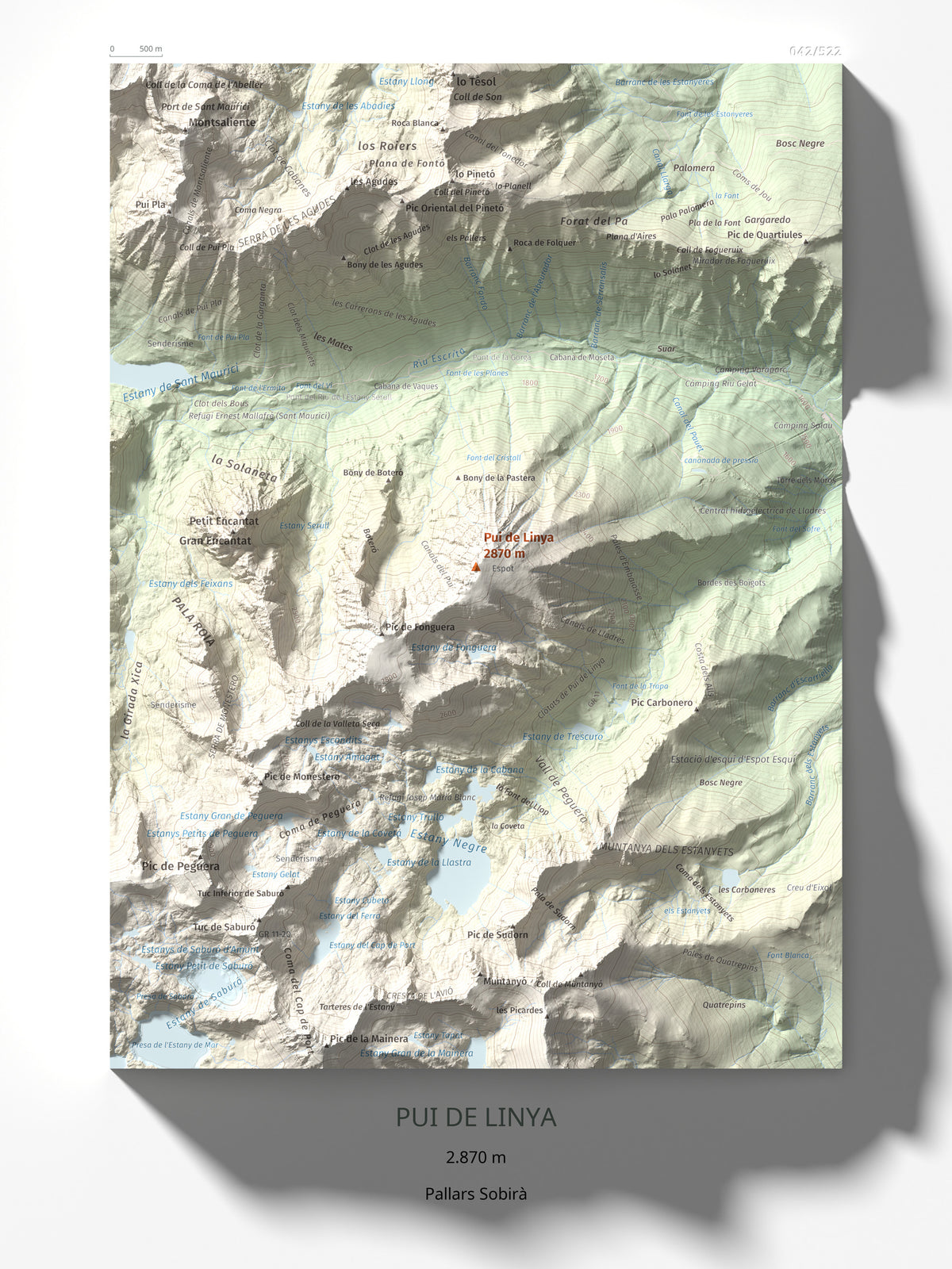 Mapa de relieve de Pui de Linya, 2870 m, Pallars Sobirà, lámina 100 Cims de Trobart 30 × 40 cm.