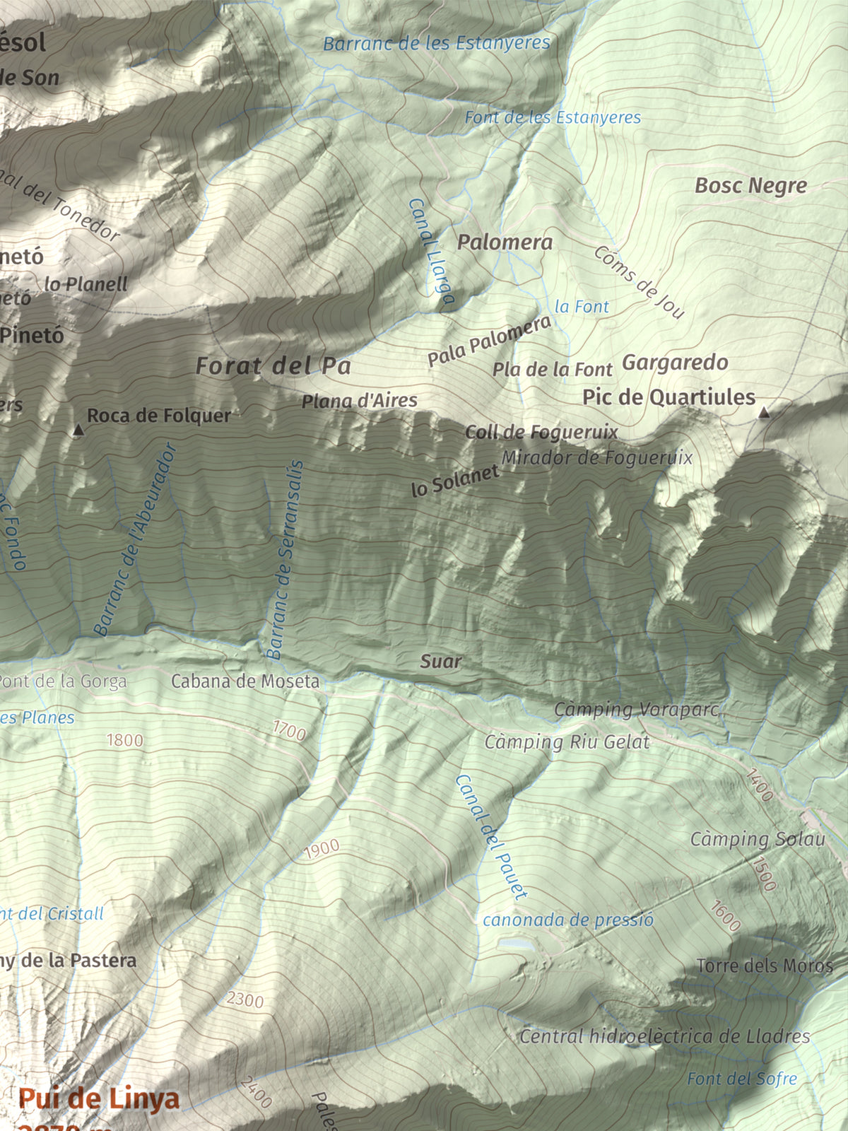 Mapa de relieve de Pui de Linya, 2870 m, Pallars Sobirà, lámina 100 Cims de Trobart. Detalle de la zona superior derecha. 30 × 40 cm.