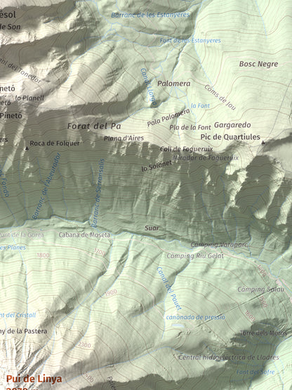 Mapa de relieve de Pui de Linya, 2870 m, Pallars Sobirà, lámina 100 Cims de Trobart. Detalle de la zona superior derecha. 30 × 40 cm.