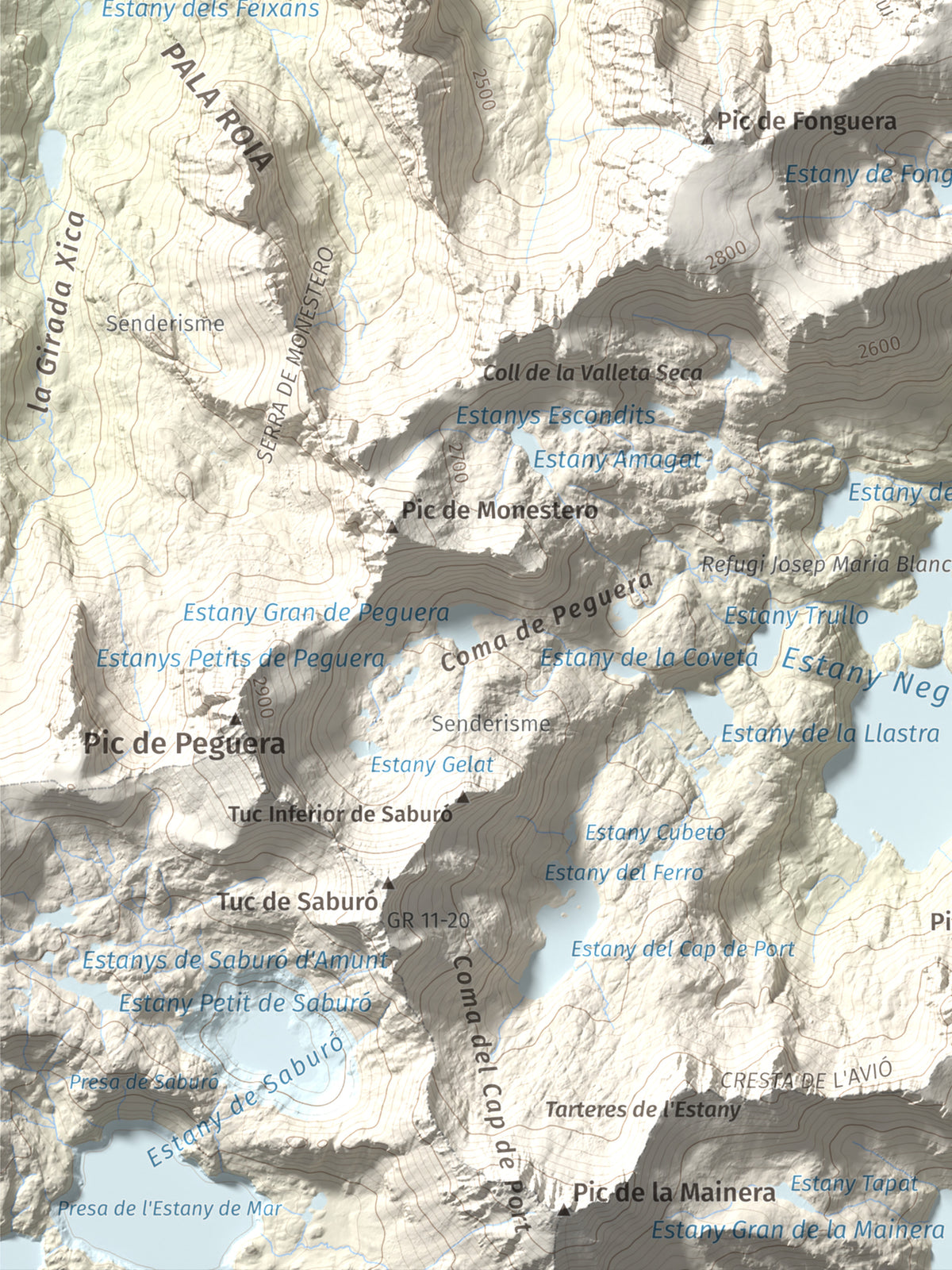 Mapa de relieve de Pui de Linya, 2870 m, Pallars Sobirà, lámina 100 Cims de Trobart. Detalle de la zona inferior izquierda. 30 × 40 cm.