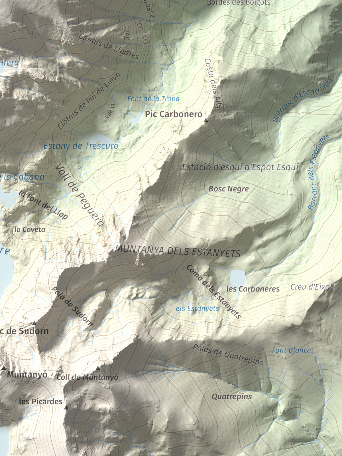 Mapa de relieve de Pui de Linya, 2870 m, Pallars Sobirà, lámina 100 Cims de Trobart. Detalle de la zona inferior derecha. 30 × 40 cm.