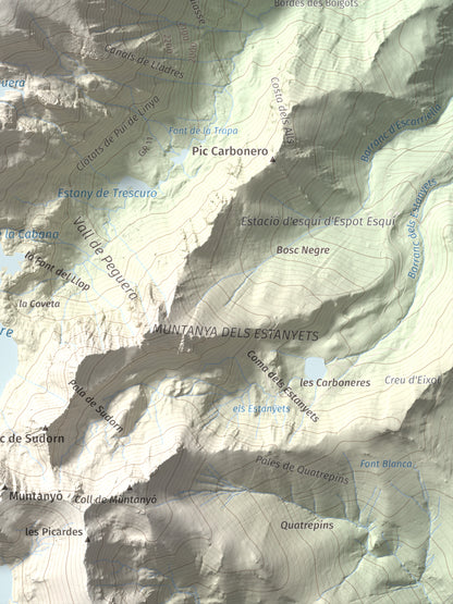 Mapa de relieve de Pui de Linya, 2870 m, Pallars Sobirà, lámina 100 Cims de Trobart. Detalle de la zona inferior derecha. 30 × 40 cm.