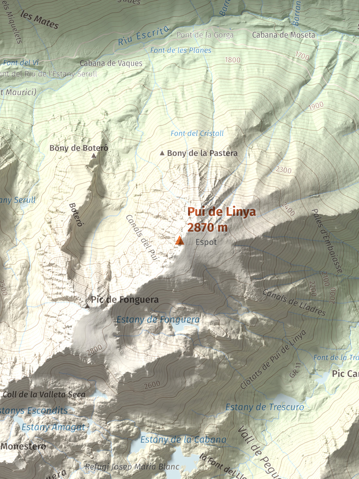Mapa de relieve de Pui de Linya, 2870 m, Pallars Sobirà, lámina 100 Cims de Trobart. Detalle de la zona central. 30 × 40 cm.