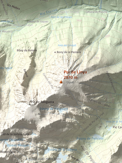 Mapa de relieve de Pui de Linya, 2870 m, Pallars Sobirà, lámina 100 Cims de Trobart. Detalle de la zona central. 30 × 40 cm.