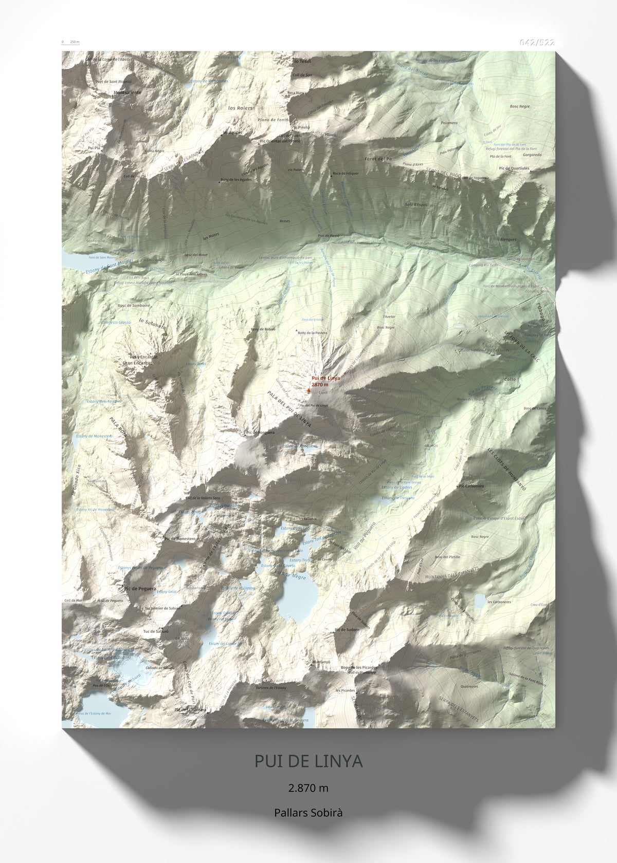 Mapa de relieve de Pui de Linya, 2870 m, Pallars Sobirà, lámina 100 Cims de Trobart 50 × 70 cm.