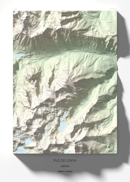 Mapa de relieve de Pui de Linya, 2870 m, Pallars Sobirà, lámina 100 Cims de Trobart 50 × 70 cm.