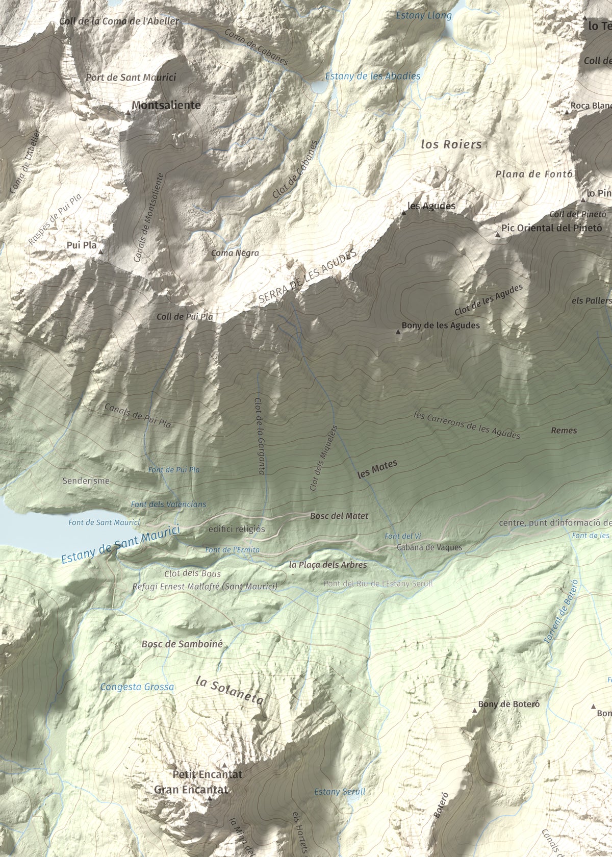 Mapa de relieve de Pui de Linya, 2870 m, Pallars Sobirà, lámina 100 Cims de Trobart. Detalle de la zona superior izquierda. 50 × 70 cm.