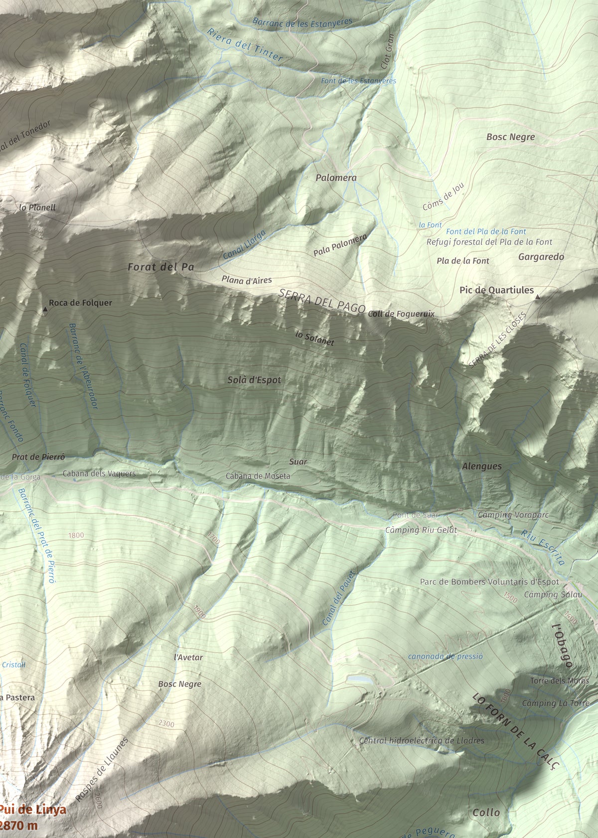 Mapa de relieve de Pui de Linya, 2870 m, Pallars Sobirà, lámina 100 Cims de Trobart. Detalle de la zona superior derecha. 50 × 70 cm.