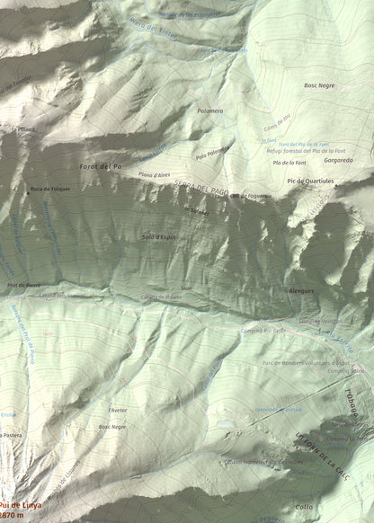 Mapa de relieve de Pui de Linya, 2870 m, Pallars Sobirà, lámina 100 Cims de Trobart. Detalle de la zona superior derecha. 50 × 70 cm.