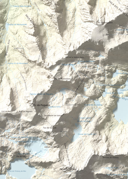 Mapa de relieve de Pui de Linya, 2870 m, Pallars Sobirà, lámina 100 Cims de Trobart. Detalle de la zona inferior izquierda. 50 × 70 cm.