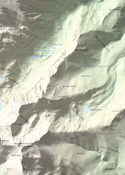 Mapa de relieve de Pui de Linya, 2870 m, Pallars Sobirà, lámina 100 Cims de Trobart. Detalle de la zona inferior derecha. 50 × 70 cm.