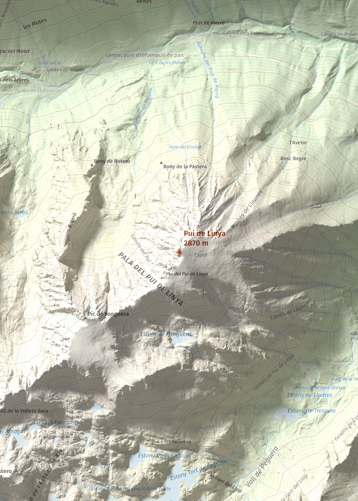 Mapa de relieve de Pui de Linya, 2870 m, Pallars Sobirà, lámina 100 Cims de Trobart. Detalle de la zona central. 50 × 70 cm.