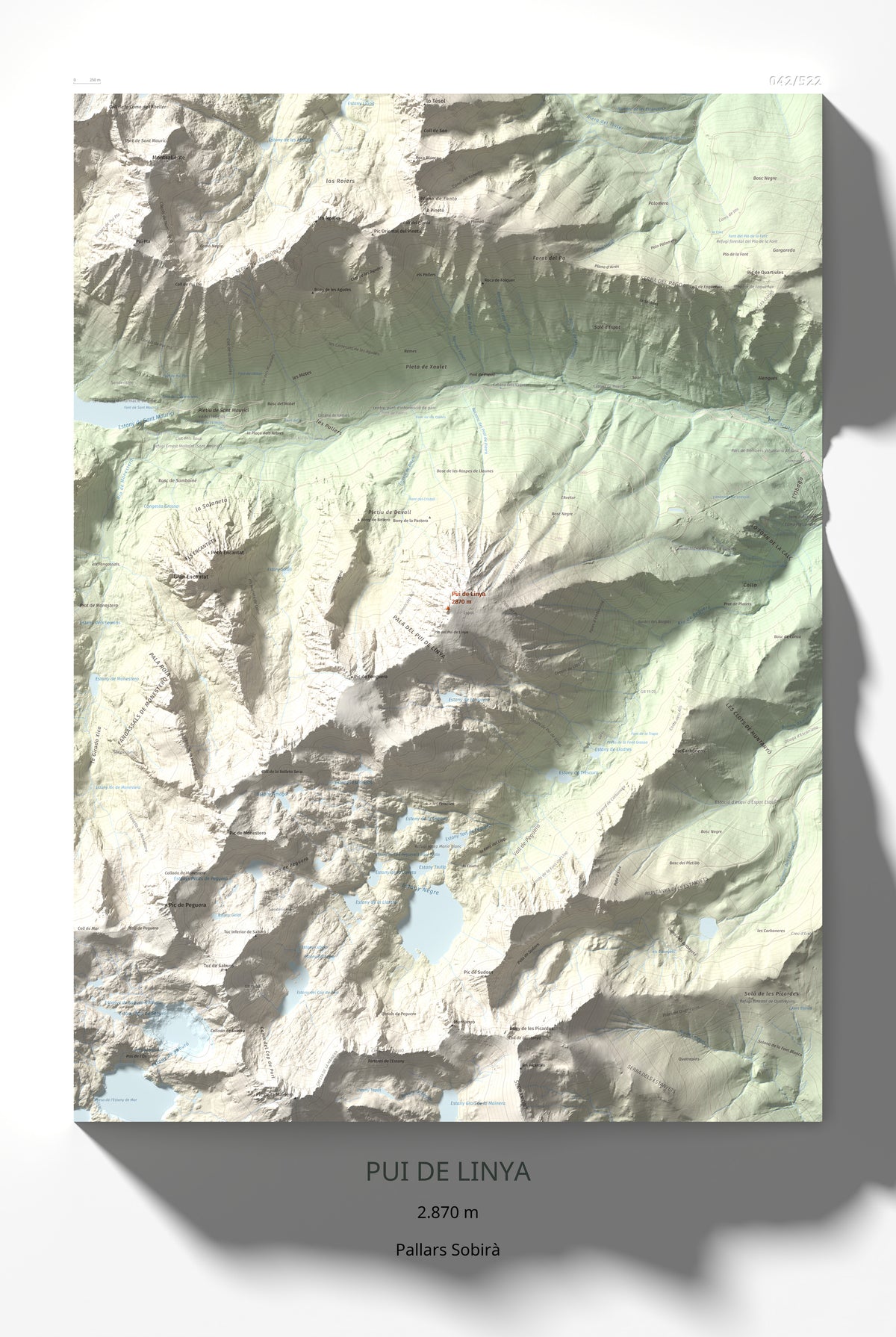 Mapa de relieve de Pui de Linya, 2870 m, Pallars Sobirà, lámina 100 Cims de Trobart 61 × 91 cm.