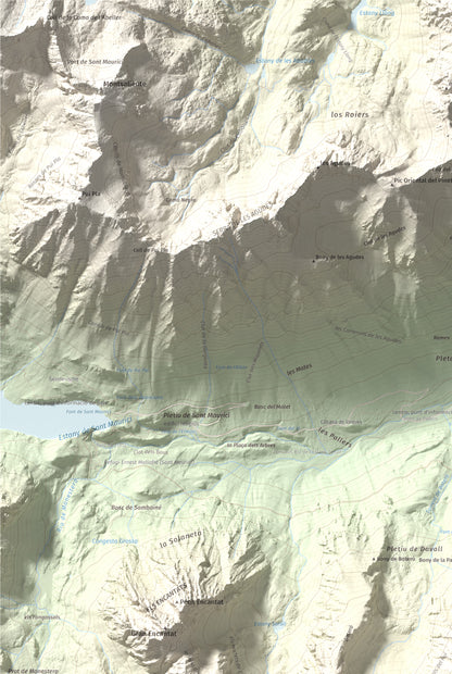 Mapa de relieve de Pui de Linya, 2870 m, Pallars Sobirà, lámina 100 Cims de Trobart. Detalle de la zona superior izquierda. 61 × 91 cm.