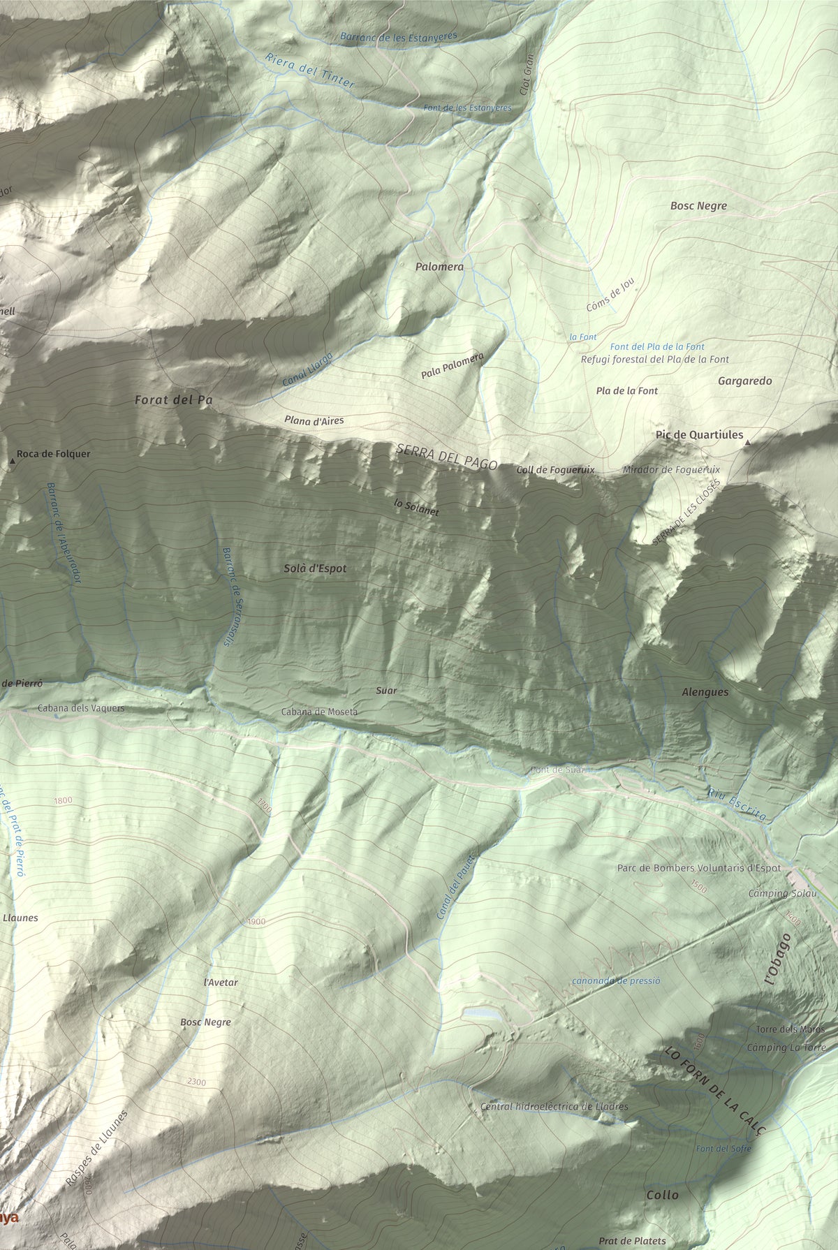Mapa de relieve de Pui de Linya, 2870 m, Pallars Sobirà, lámina 100 Cims de Trobart. Detalle de la zona superior derecha. 61 × 91 cm.