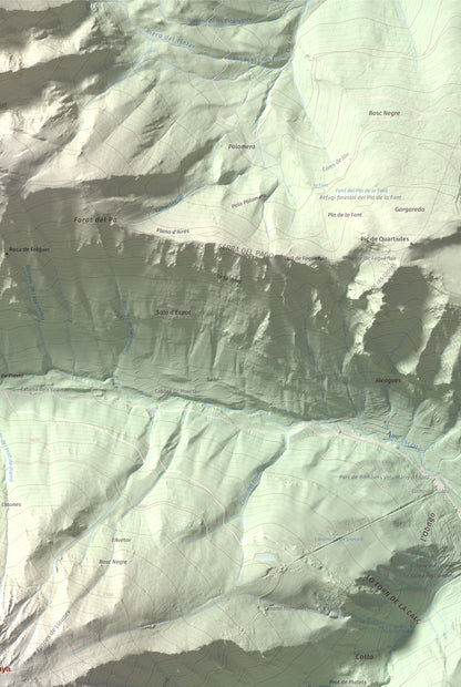 Mapa de relieve de Pui de Linya, 2870 m, Pallars Sobirà, lámina 100 Cims de Trobart. Detalle de la zona superior derecha. 61 × 91 cm.