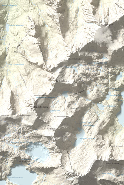Mapa de relieve de Pui de Linya, 2870 m, Pallars Sobirà, lámina 100 Cims de Trobart. Detalle de la zona inferior izquierda. 61 × 91 cm.