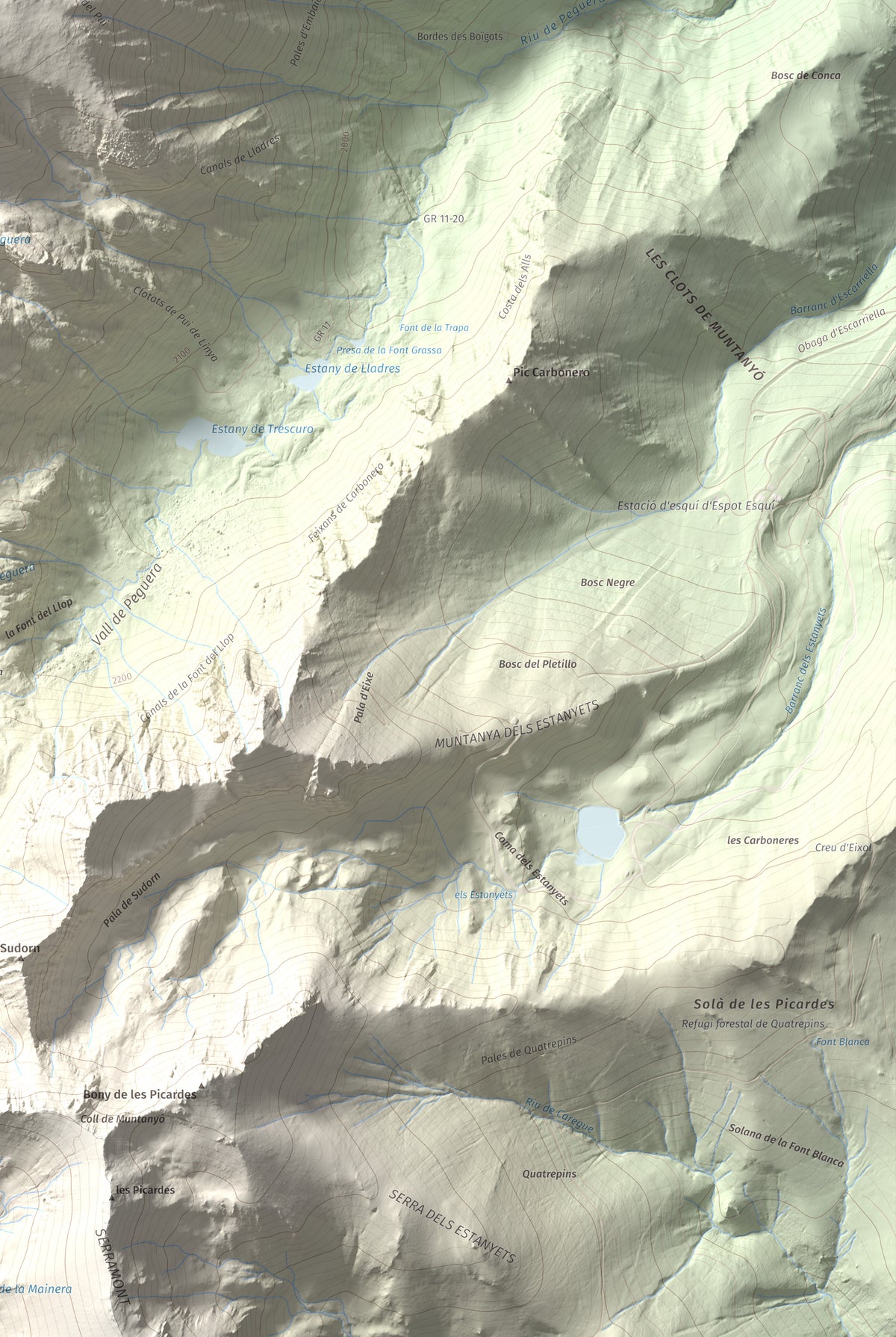 Mapa de relieve de Pui de Linya, 2870 m, Pallars Sobirà, lámina 100 Cims de Trobart. Detalle de la zona inferior derecha. 61 × 91 cm.