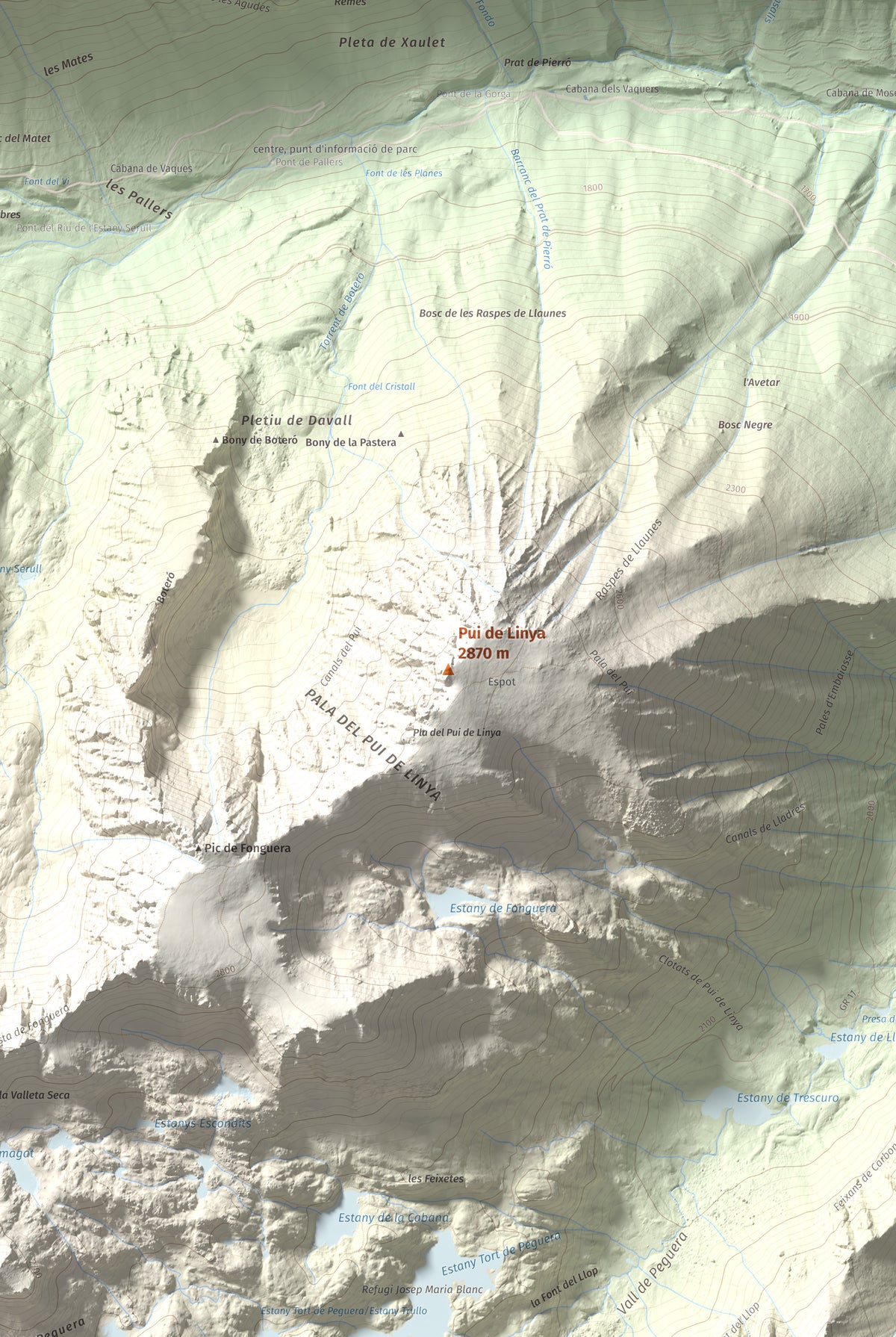 Mapa de relieve de Pui de Linya, 2870 m, Pallars Sobirà, lámina 100 Cims de Trobart. Detalle de la zona central. 61 × 91 cm.