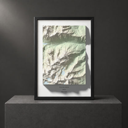 Mapa de relieve de Pui de Linya, 2870 m, Pallars Sobirà, lámina 100 Cims de Trobart. Presentación enmarcada. 70 × 100 cm.