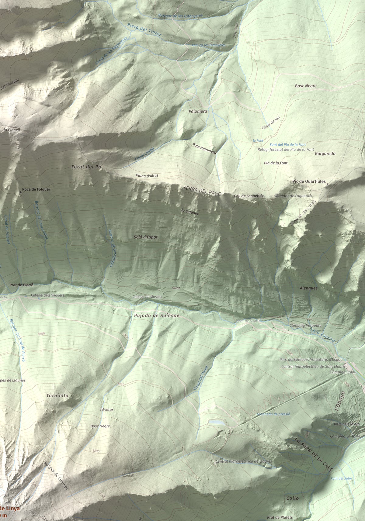 Mapa de relieve de Pui de Linya, 2870 m, Pallars Sobirà, lámina 100 Cims de Trobart. Detalle de la zona superior derecha. 70 × 100 cm.