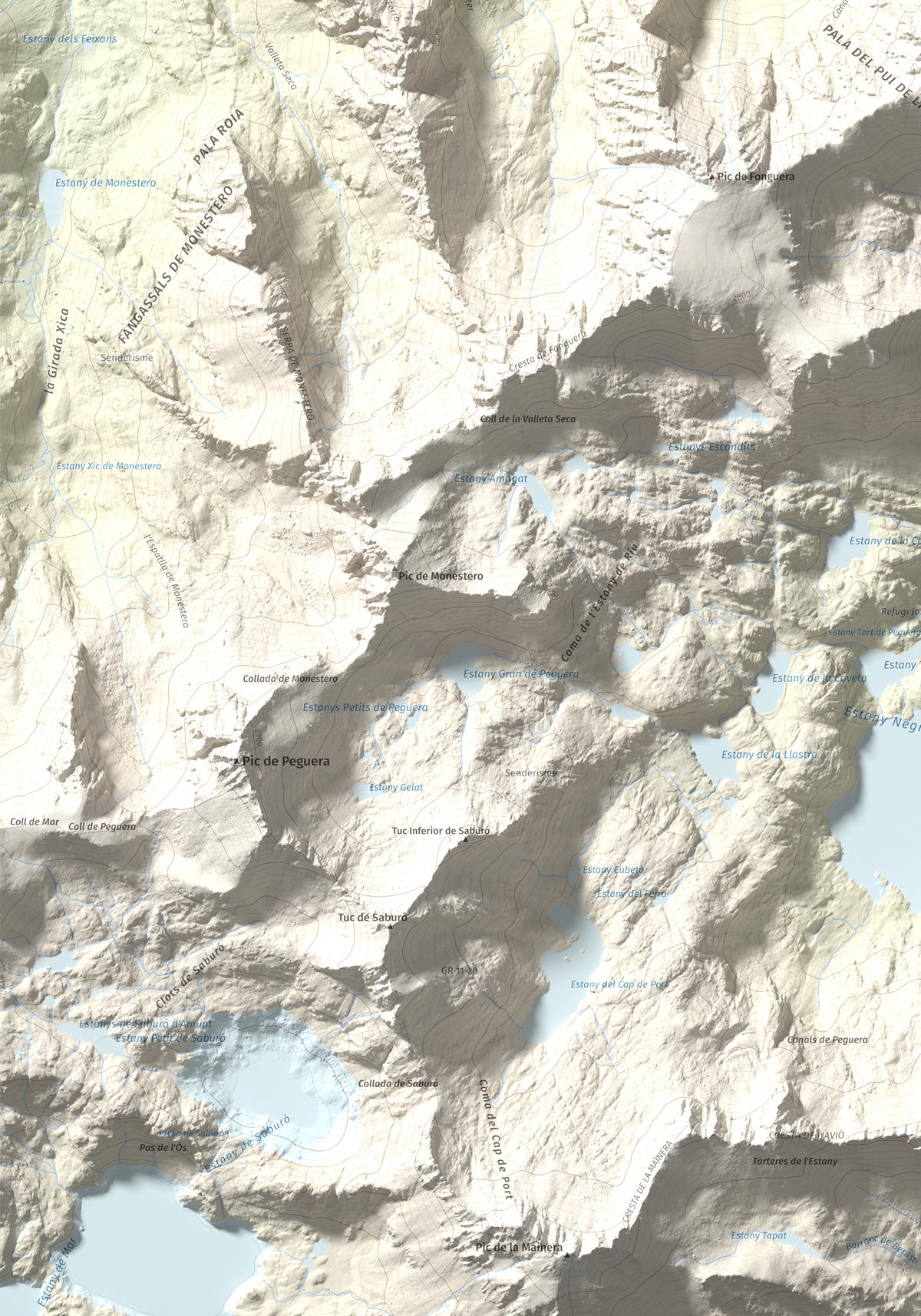 Mapa de relieve de Pui de Linya, 2870 m, Pallars Sobirà, lámina 100 Cims de Trobart. Detalle de la zona inferior izquierda. 70 × 100 cm.