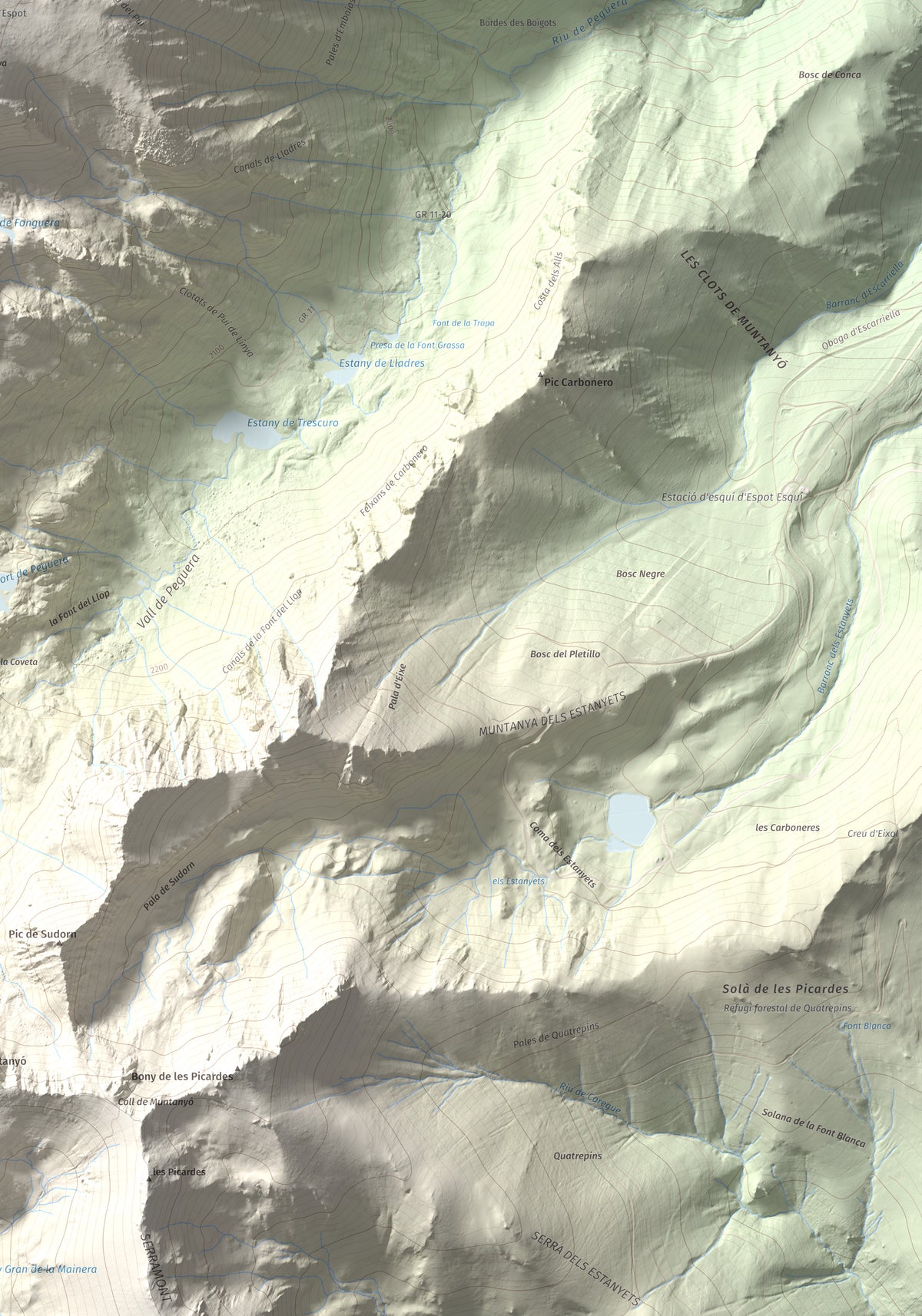 Mapa de relieve de Pui de Linya, 2870 m, Pallars Sobirà, lámina 100 Cims de Trobart. Detalle de la zona inferior derecha. 70 × 100 cm.