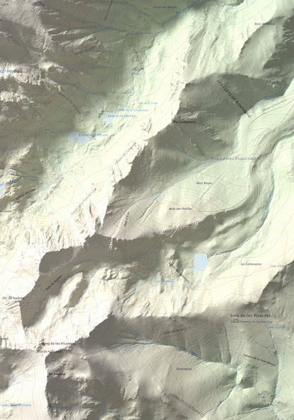 Mapa de relieve de Pui de Linya, 2870 m, Pallars Sobirà, lámina 100 Cims de Trobart. Detalle de la zona inferior derecha. 70 × 100 cm.