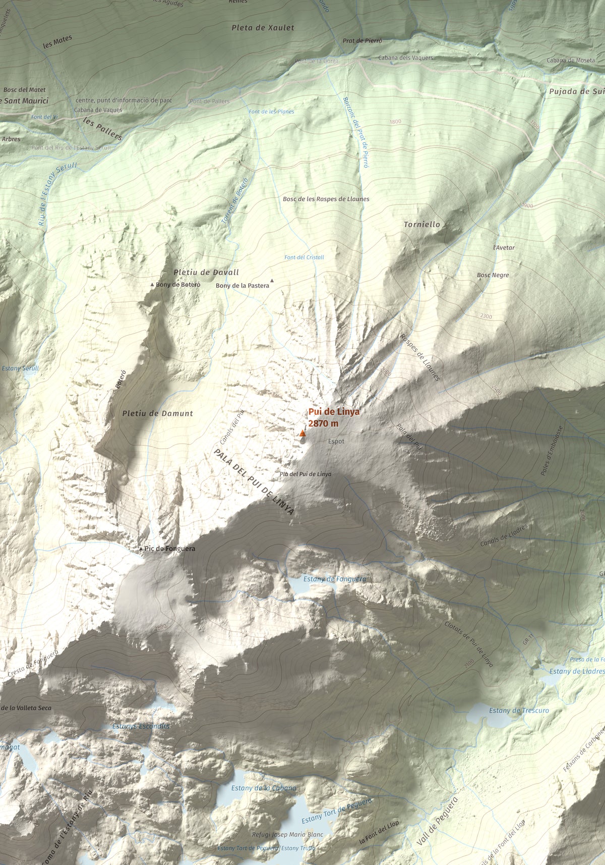 Mapa de relieve de Pui de Linya, 2870 m, Pallars Sobirà, lámina 100 Cims de Trobart. Detalle de la zona central. 70 × 100 cm.